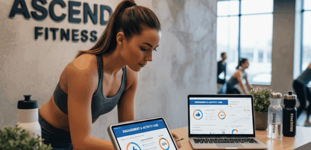 Fitness studio manager reviewing attendance data to reduce gym member cancellations after no shows.