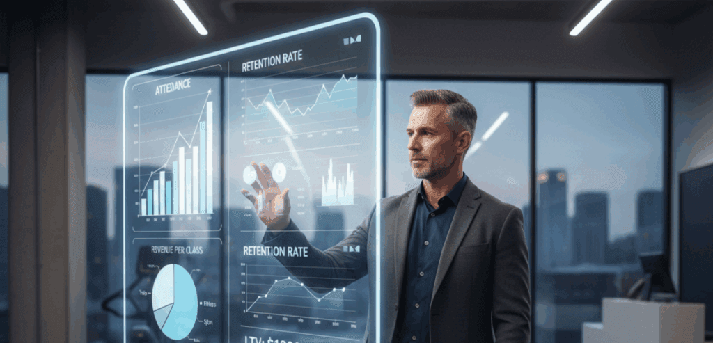 Studio owner reviewing fitness studio KPIs to track daily on a performance dashboard