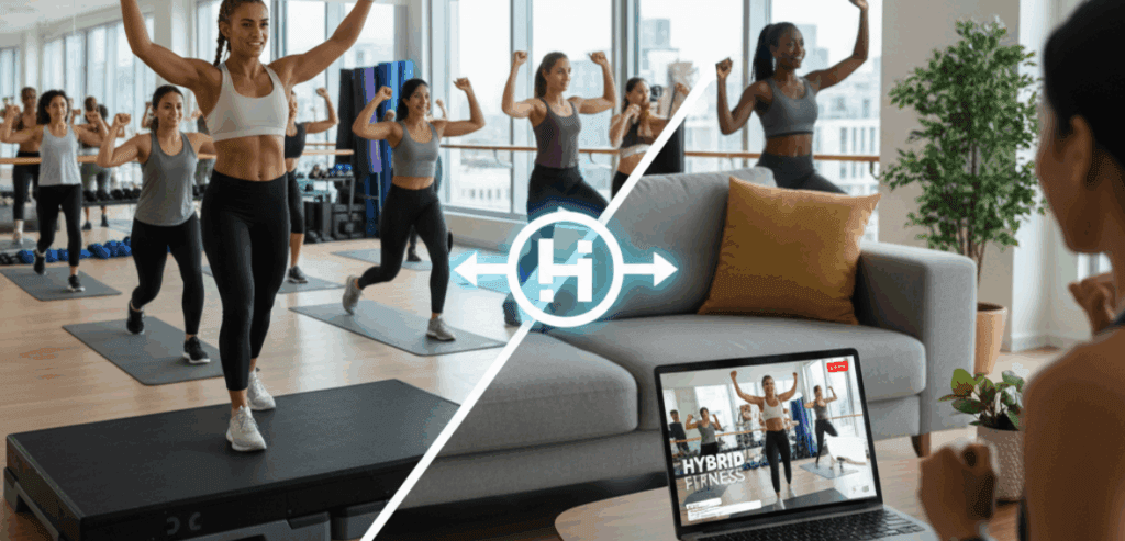 Hybrid fitness studio pricing strategy showing virtual and in-person class options in a boutique studio.