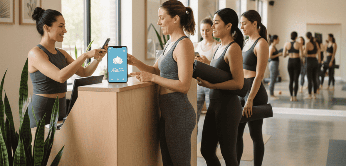 Boutique fitness check-in process showing factors affecting credit card processing fees.