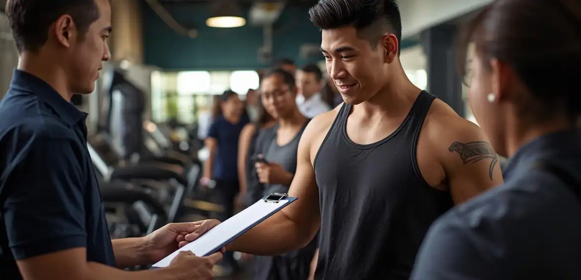 Gym staff member manually checking in a fitness client using a paper clipboard during an internet outage.