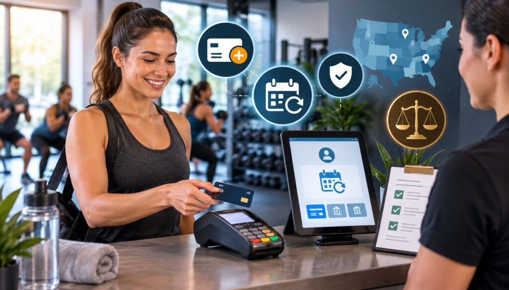 Gym member making a recurring card payment with surcharge compliance icons
