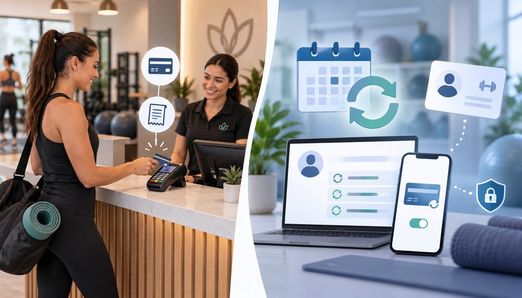 Recurring membership billing compared with a front-desk card sale